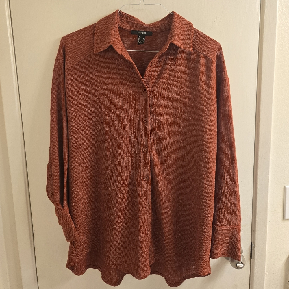 Forever 21 Oversized Terracotta Textured Button-Down Blouse